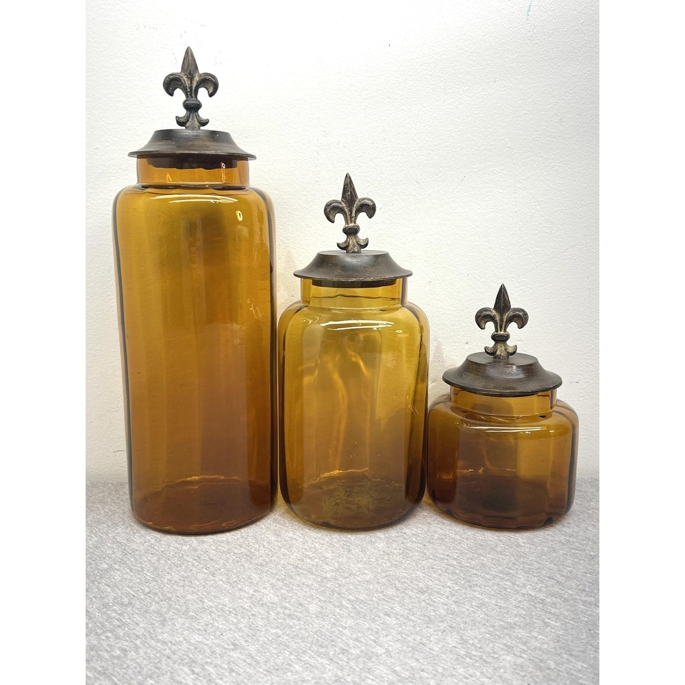 Amber Brown Glass Bottles Set 3 Fleur De Lis Lids Apothecary Canisters Unmarked